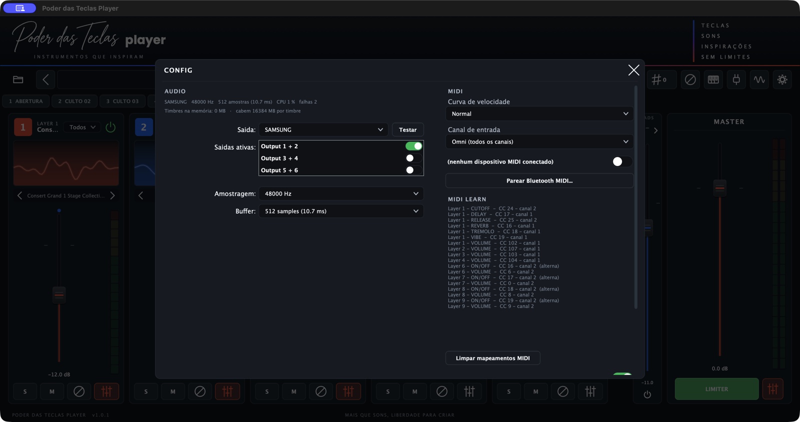 Configurações de áudio e MIDI